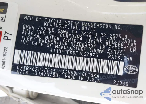 2015 Toyota Camry Se из США, поврежденный, VIN 4T1BF1FK0FU027976